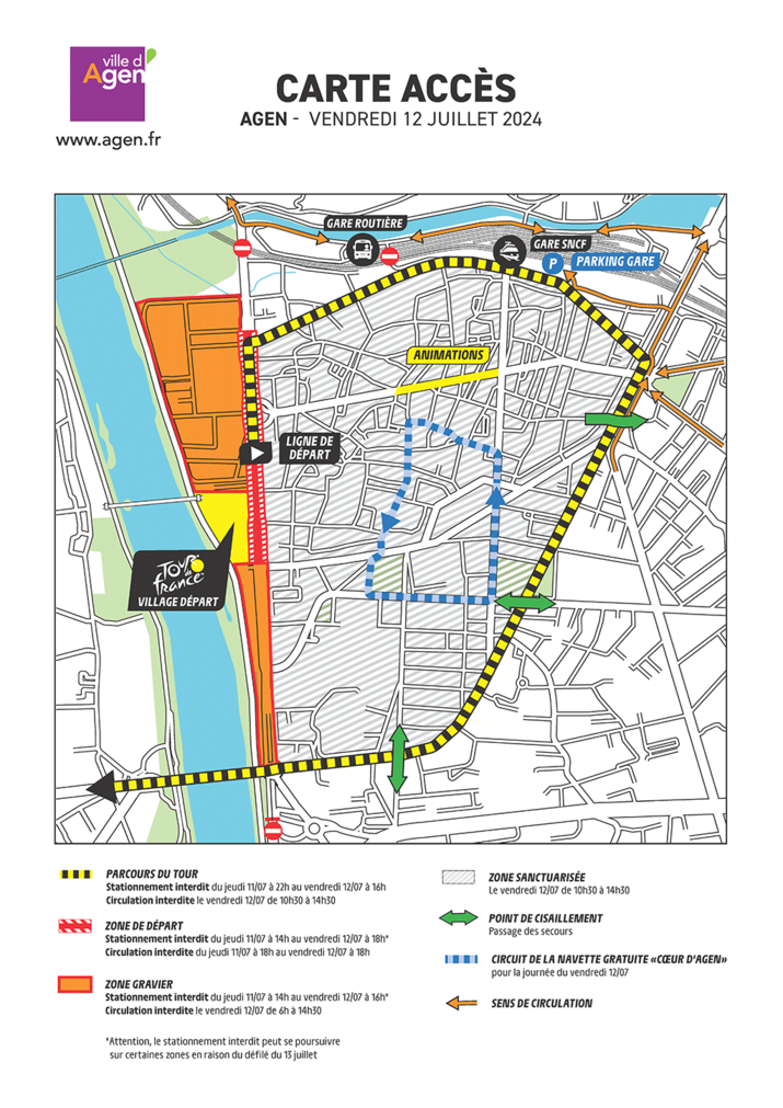 Tour de France : carte d'accès  au centre-ville d'Agen le 12 juillet 2024